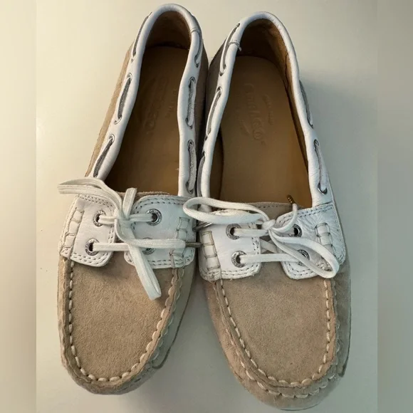Sebago Tan and White Moccasins with Contrast Stitching - Picture 2 of 7